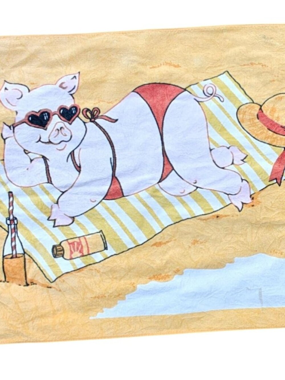 Vintage Atlantis Beach Towel Pig Sunbathing 1990s 100% Cotton Brazil 55"x26"